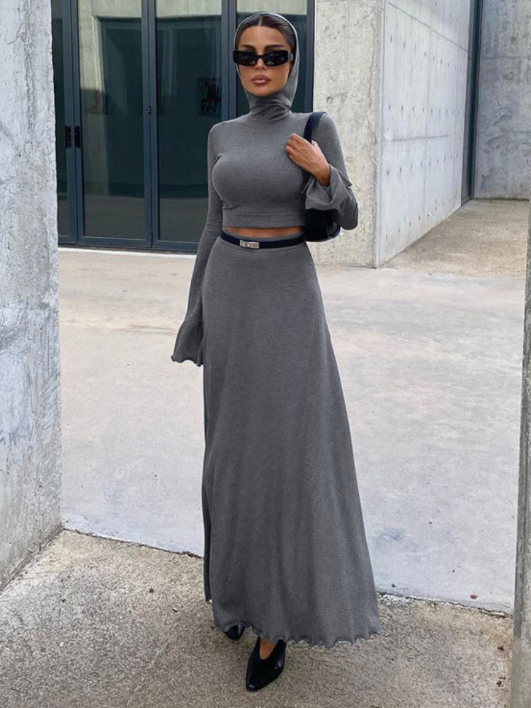 Taruxy Loose Side Slit Skirt Two Piece Sets Outfits Dress Sets Short Long Sleeve Hoodies and Skirts Suit Femme