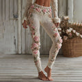 Women's Vintage Pink Floral Art Cozy Knit Leggings elevenforest