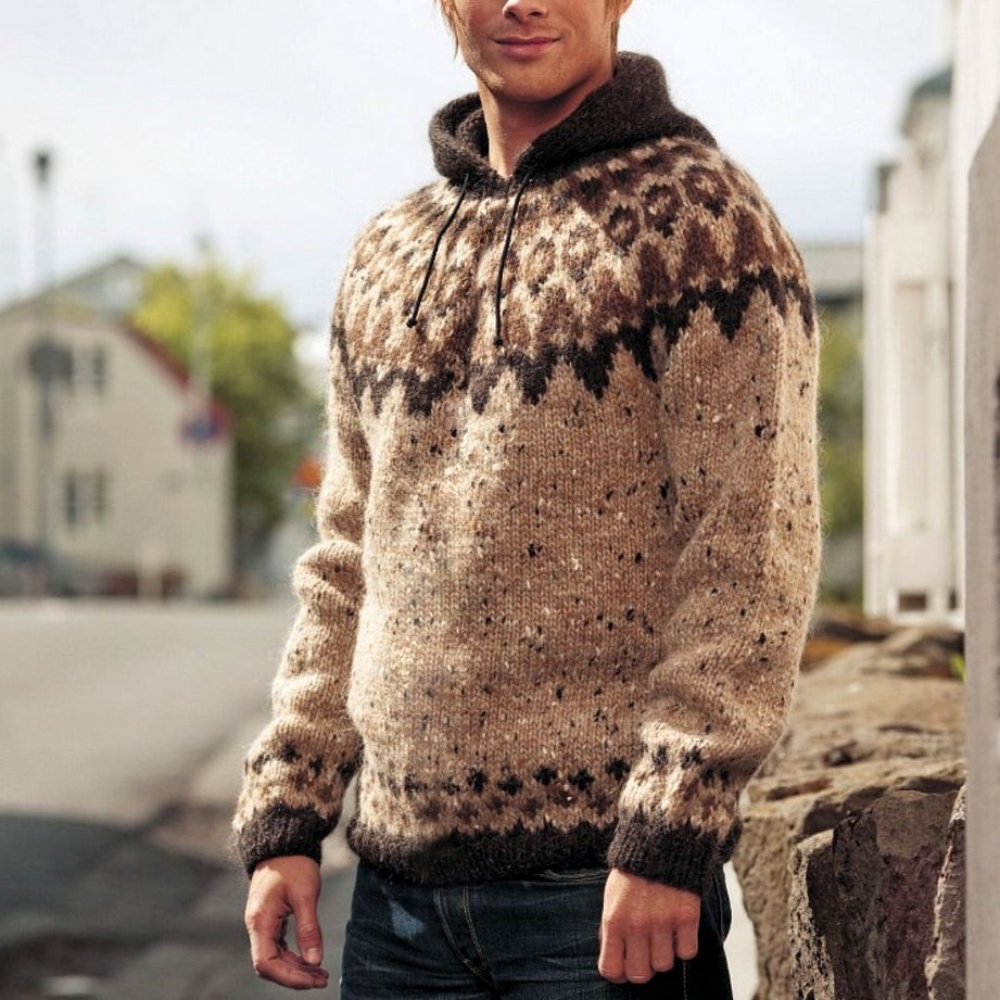 Retro Iceland Jacquard Geometric Knit Hooded Sweater elevenforest