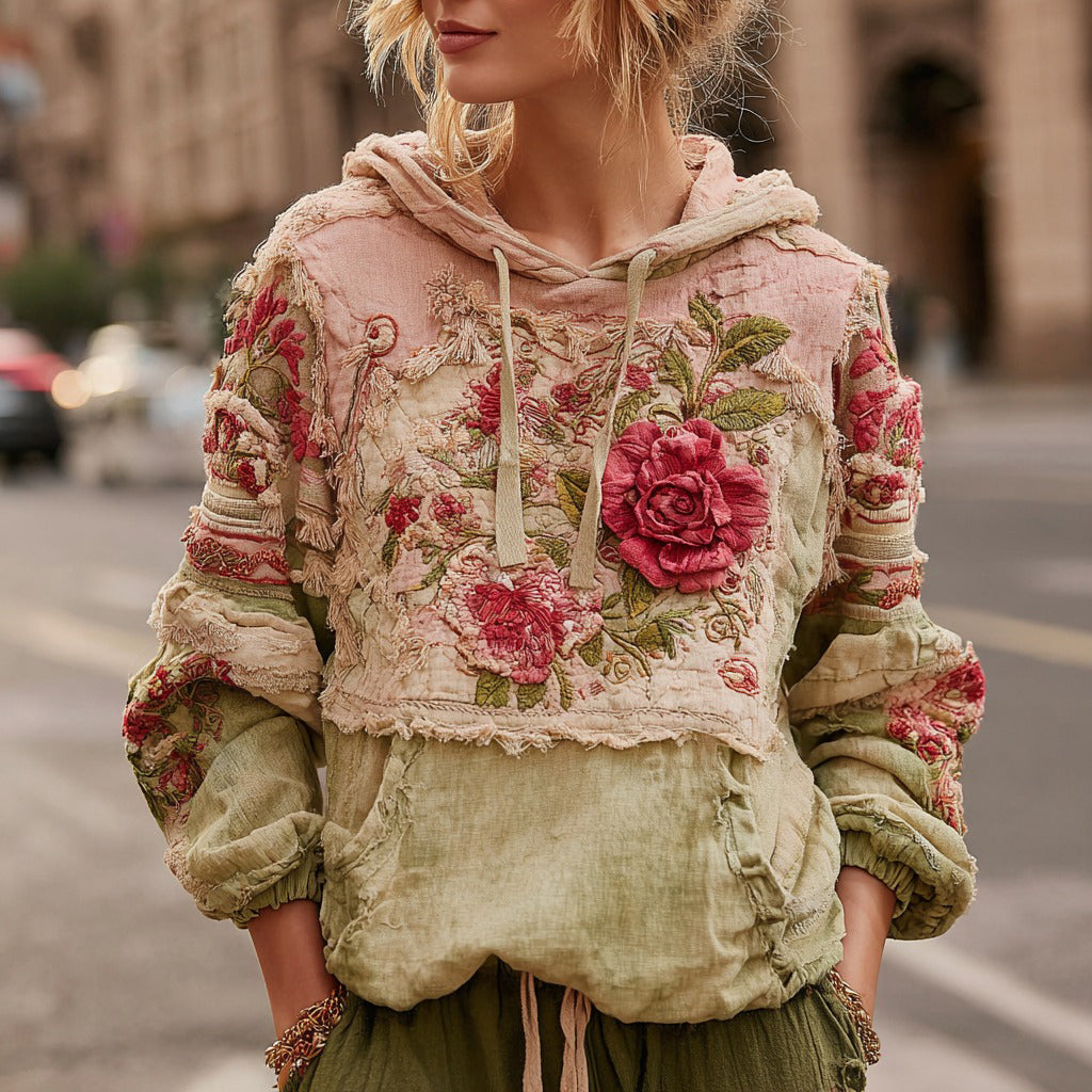 Women's Retro Floral Colorblock Casual Comfort Hooded Sweatshirt elevenforest