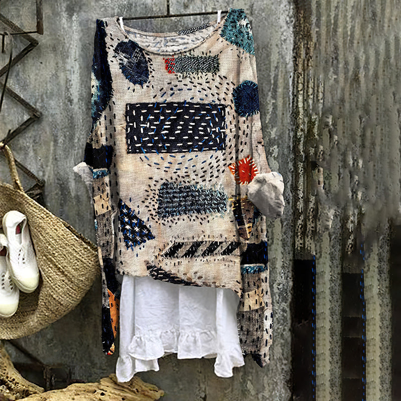 Vintage Patch Work Embroidery Art Linen Blend Blouse elevenforest
