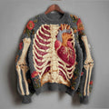 Comstylish Vintage Halloween Human Anatomy Art And Floral Round Neck Sweater