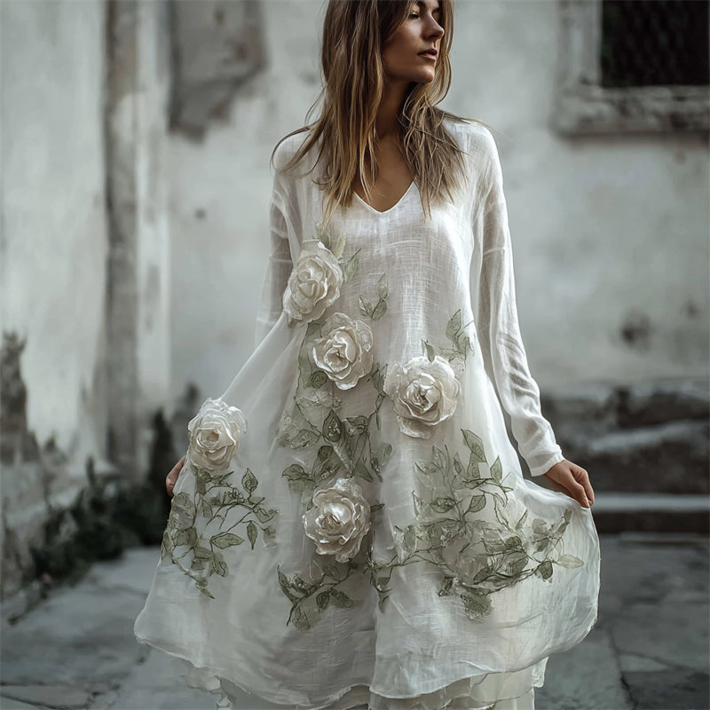 Classy Forest White Roses Vines Fiber Art Flowy Dress elevenforest