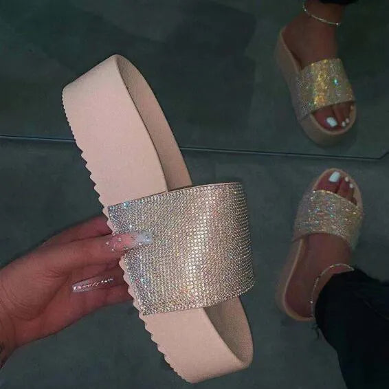 Beige Bling High Heel Beach Sandals Platform Slipper F686