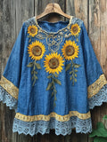 Sunflowers Embroidered Lace Patchwork Linen Blend Shirt elevenforest