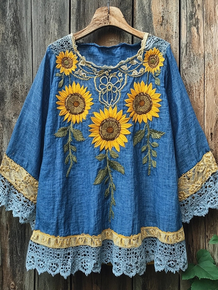 Sunflowers Embroidered Lace Patchwork Linen Blend Shirt elevenforest
