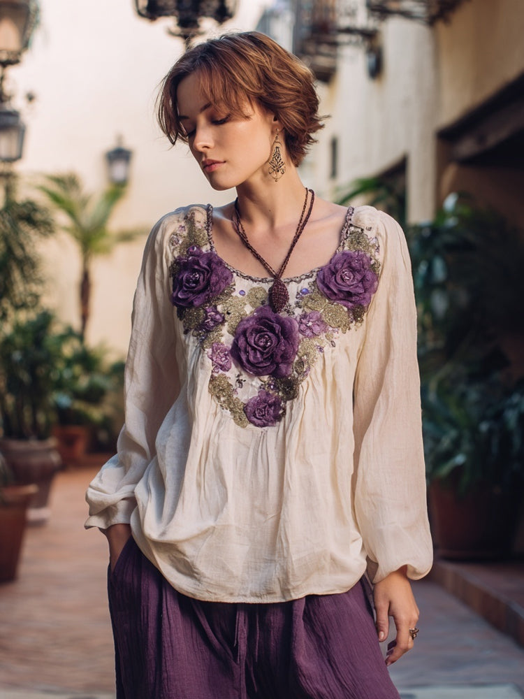 Vintage Purple Roses Embroidered Cozy Linen Tunic elevenforest