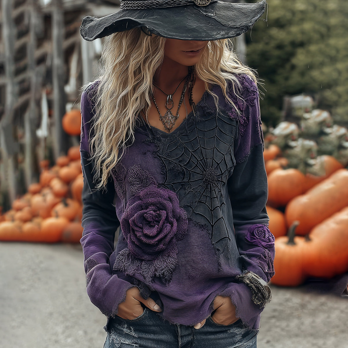 Vintage Halloween Black And Purple Rose Art Long Sleeve V  Neck Tops elevenforest