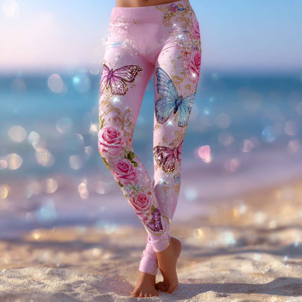 Colored Butterflies And Roses Brighten Up The Leggings elevenforest