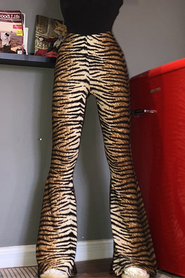 Street Animal Print Leopard Split Joint Basic Boot Cut High Waist Full Print Bottoms