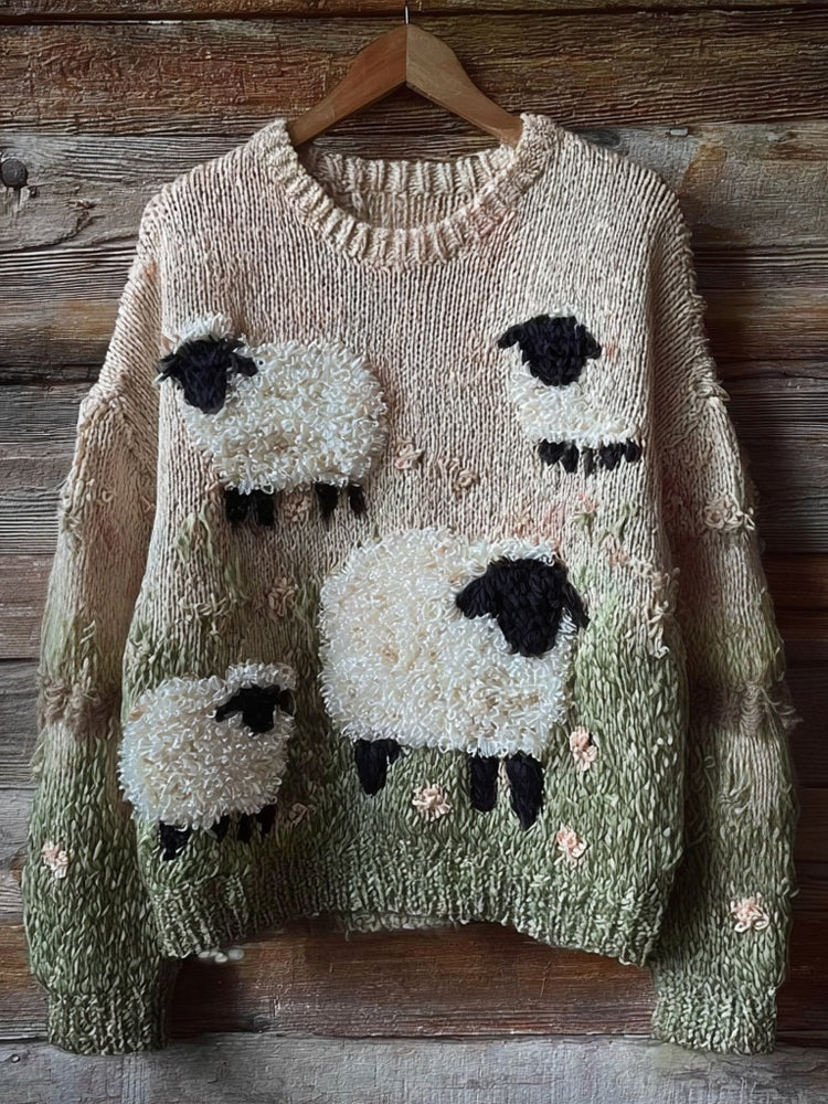 Cute Fuzzy Blacknose Sheep  Embroidered Cozy Knit Sweater elevenforest