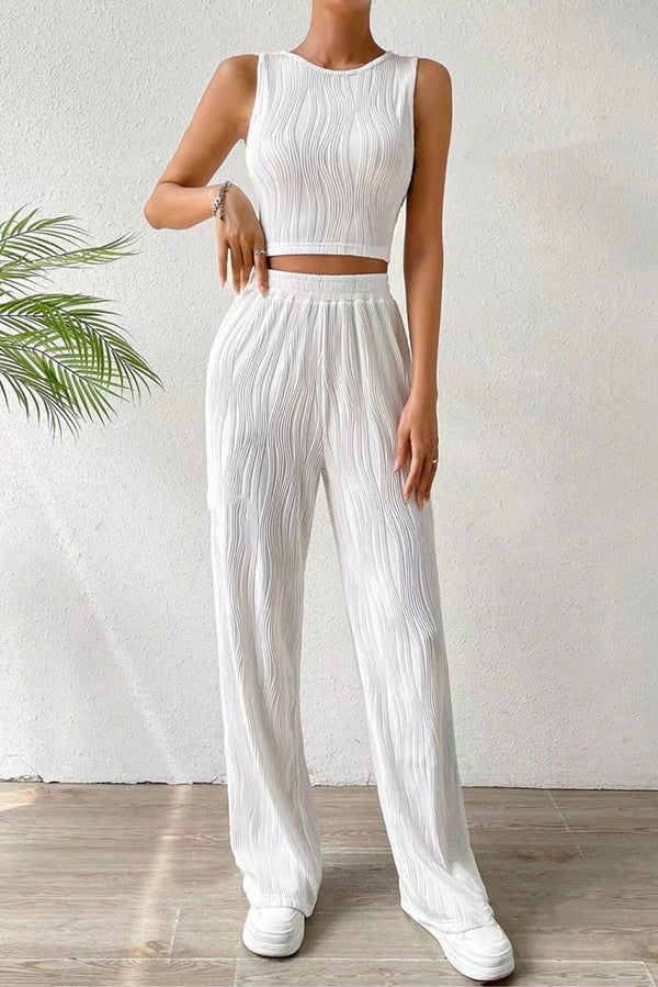 Color Water Wave Crew Neck Tank Top and Elastic Waist Straight Pants Set