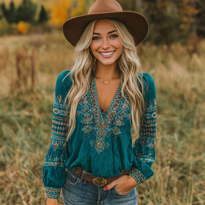 Women's Vintage Western Geometric Print V-neck T-shirt elevenforest