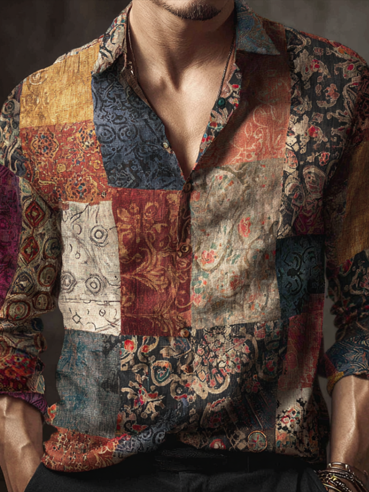 Men's Bohemian Plant Flower Pattern Retro Cotton And Linen Shirt elevenforest