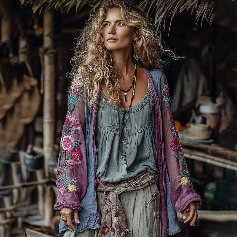 Classic Bohemian Floral Art Embroidery Print Cotton And Linen Blend Kimono Cardigan elevenforest