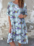 Women's Classic Floral Pattern Round Neck Cotton and Linen Dress