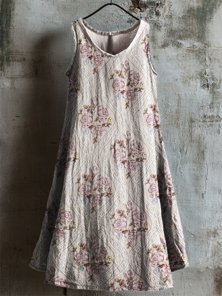 Vintage Roses Floral Pattern Linen Tank Dress elevenforest