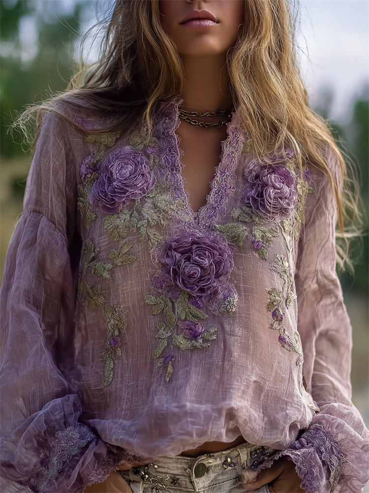 Classy Purple Flowers Fiber Art Flowy Linen Tunic elevenforest
