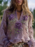 Classy Purple Flowers Fiber Art Flowy Linen Tunic elevenforest