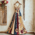 Women's Vintage Independence Day Flag Floral Embroidery Sleeveless Dress elevenforest