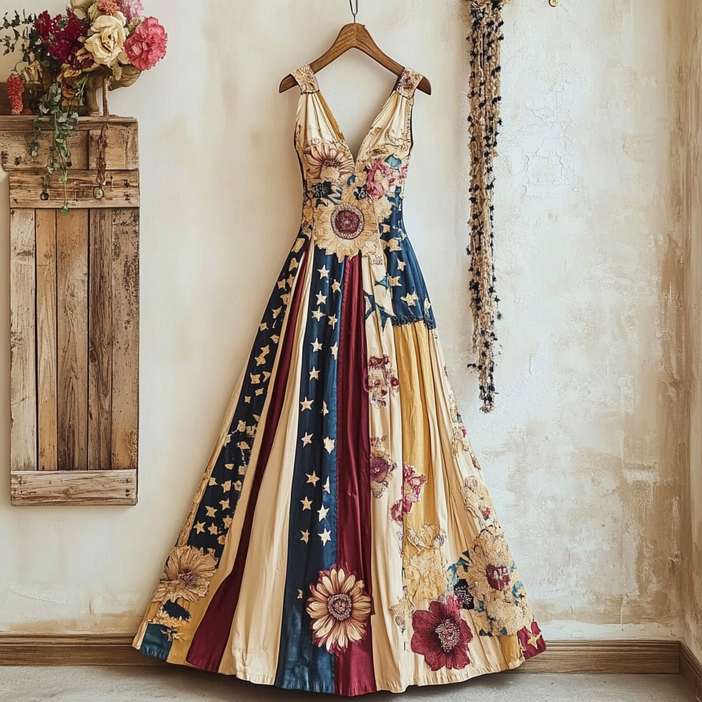 Women's Vintage Independence Day Flag Floral Embroidery Sleeveless Dress elevenforest