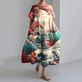 Wave Floral Japanese Art Loose Short Sleeved Midi Dress elevenforest