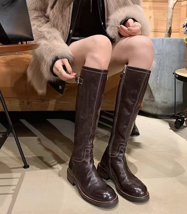 Washed Horse Round Toe Belt Buckle Thick Boots