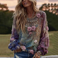 Tie-dye Rose Embroidered Sequined Round Collar Long-sleeved T-shirt elevenforest