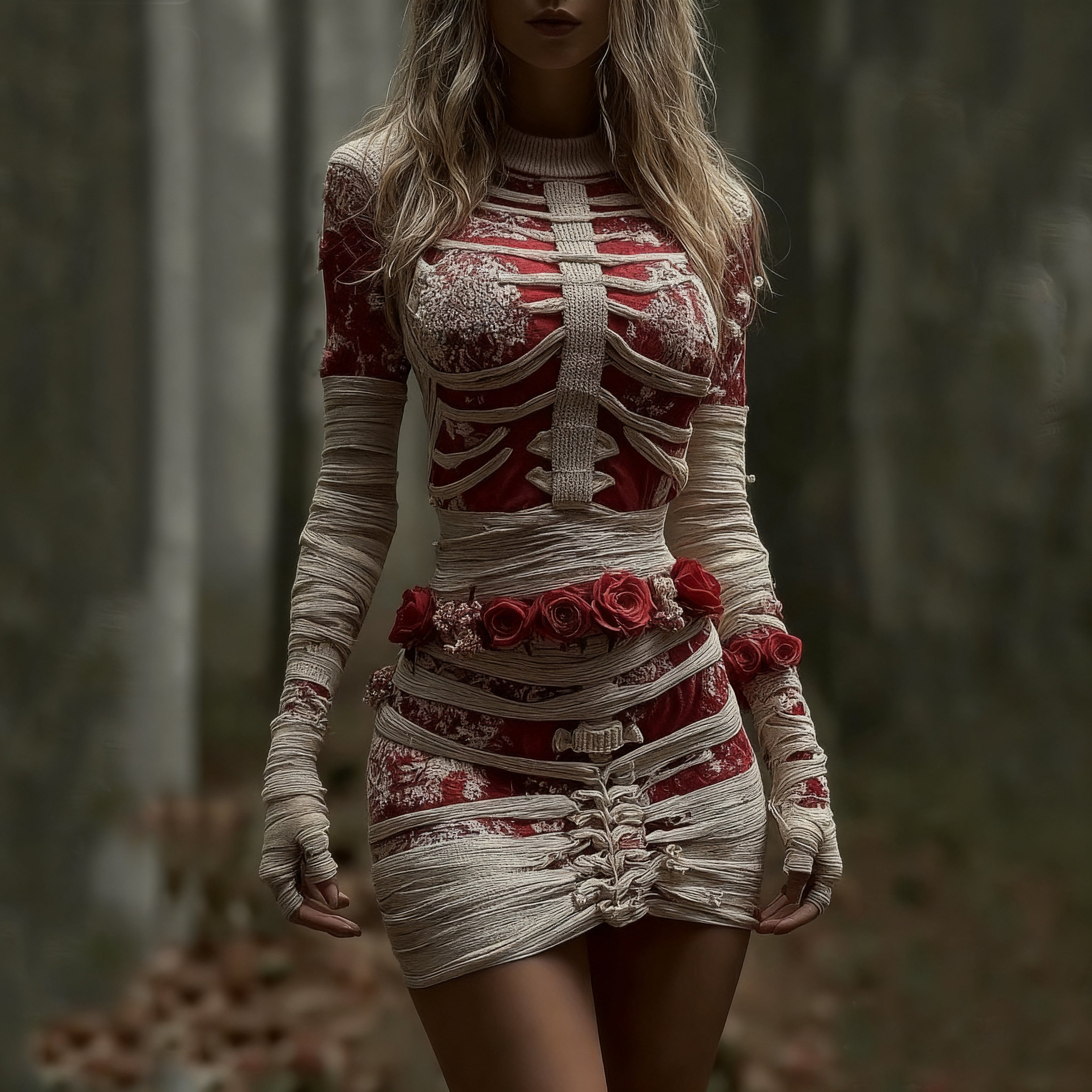 Comstylish Women's Vintage Red Rose Skeleton Art Knit Mini Sweater Dress