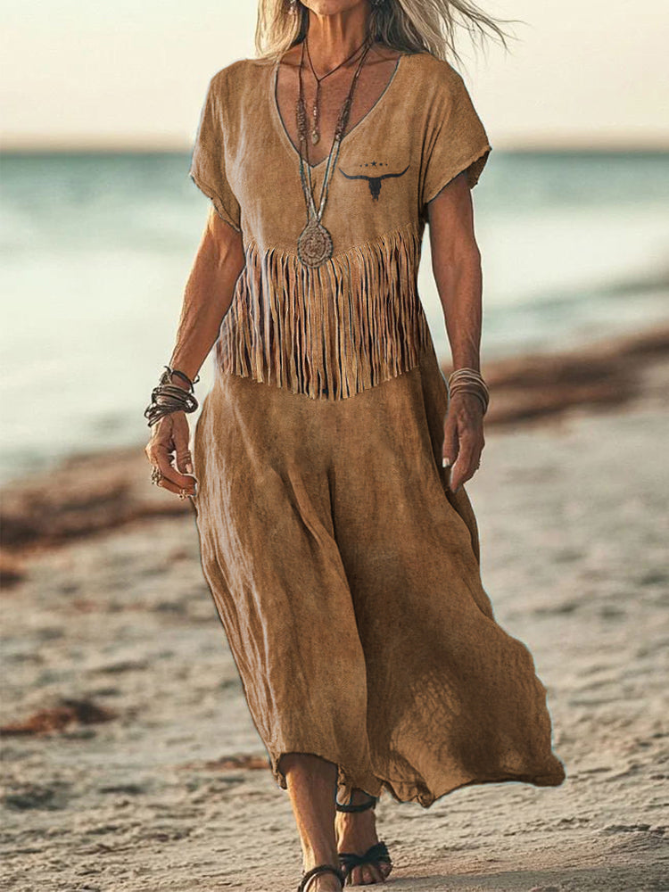 Women's Western Inspired Fringe Linen Blend Vintage Dress elevenforest