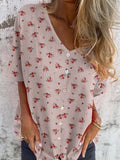 Women's Elegant Retro Floral Pattern Round Shirt Style Cotton and Linen Top