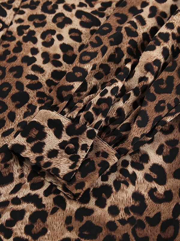 Loose Leopard Split-joint Lapel Long Sleeves Tied Waist Blouse + Elasticity Pants Trousers Two Pieces Set