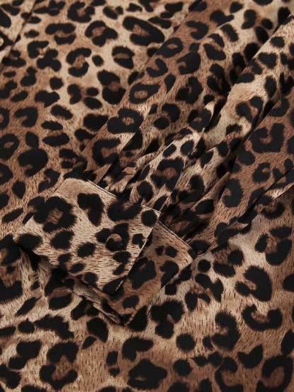 Loose Leopard Split-joint Lapel Long Sleeves Tied Waist Blouse + Elasticity Pants Trousers Two Pieces Set