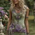 Vintage Floral Embroidered V-neck Linen Blend Tank Top elevenforest