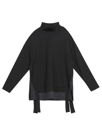 Black False-two Split-joint High-neck Sweatshirt T-shirt