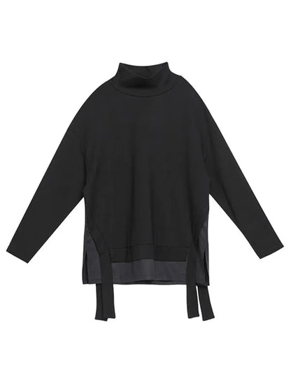Black False-two Split-joint High-neck Sweatshirt T-shirt