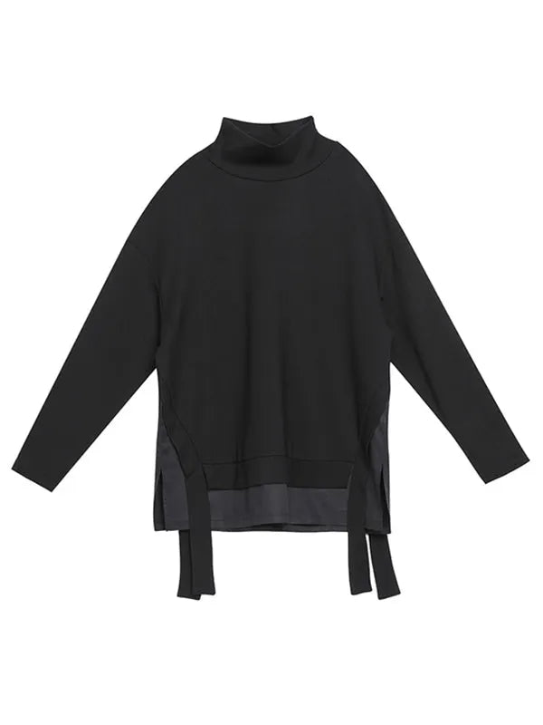 Black False-two Split-joint High-neck Sweatshirt T-shirt