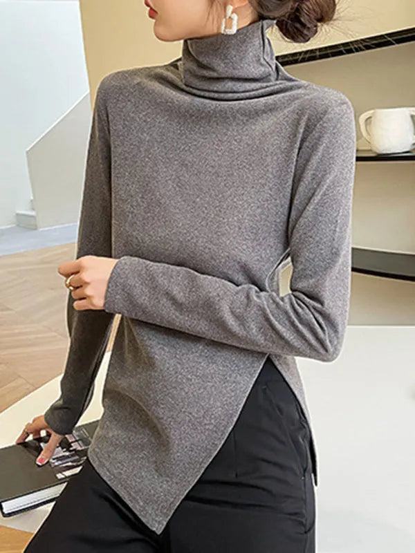 Skinny Long Sleeves Split-side Color High-neck T-shirts Tops