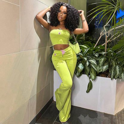 Ins Embroidered Flower Tube Top High Waist Drawstring Pant Two-piece Set Spring – Embroidered Tube Top and High Waist Drawstring Pants Set