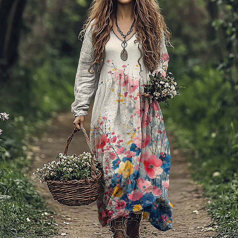 Women's Vintage Flowers Art Cozy Linen Blend Maxi Dress elevenforest
