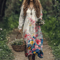 Women's Vintage Flowers Art Cozy Linen Blend Maxi Dress elevenforest