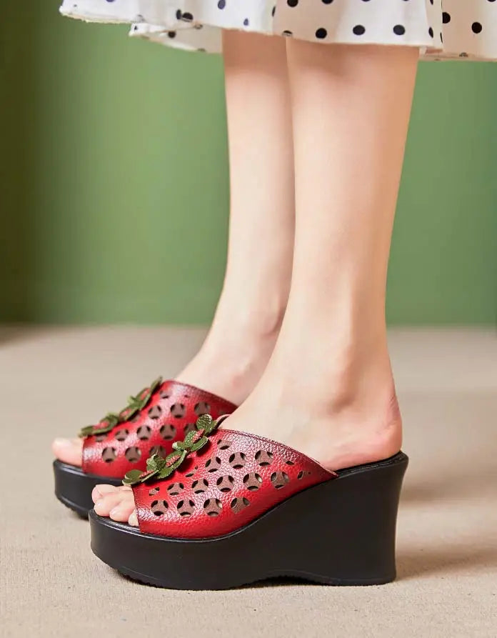 Leather Oriental Style Wedge Slippers