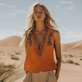 Women's Floral Bohemia Ethnic Style Linen V-neek Sleeveless Top elevenforest