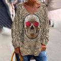 Comstylish Vintage Day Of The Dead Skull Art Print V-Neck T-Shirt