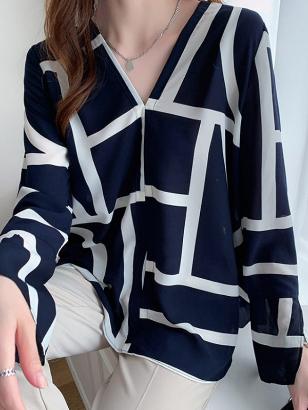 Flared Sleeves Long Sleeves Printed V-neck Blouses&shirts Tops