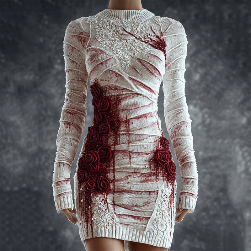 Bloody Bandages & Roses Lace Embroidered Cozy Knit Sweater Dress artswardrobe