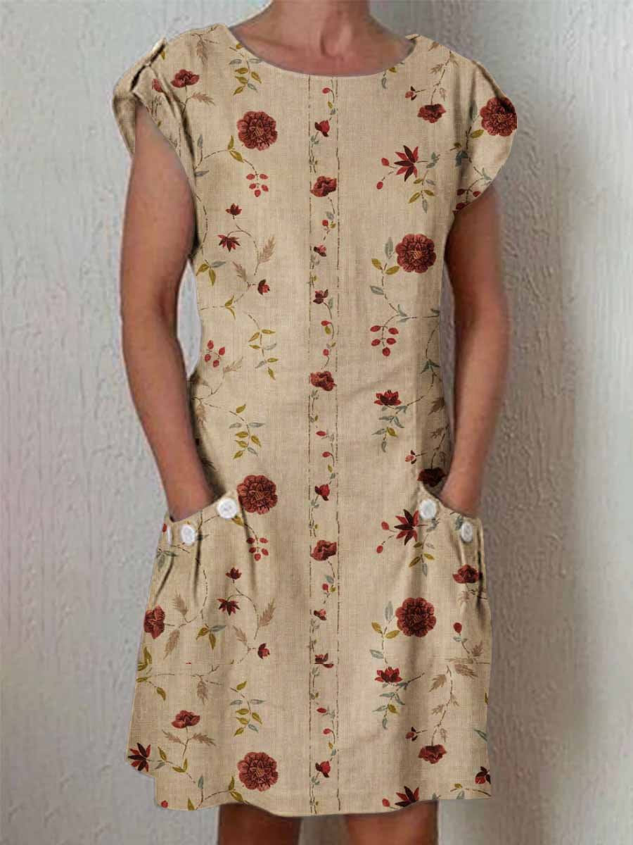 Women's Classic Elegant Rose Pattern Cotton and Linen Dress