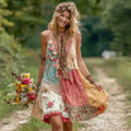 Women's Holiday Embroidered Floral Patchwork V-neck Tank Dress elevenforest