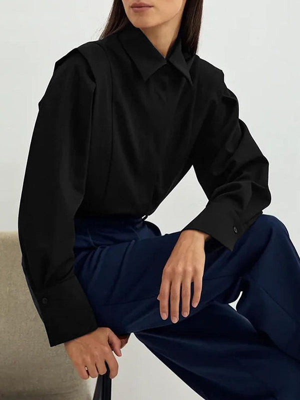 Long Sleeves Loose Buttoned Color Lapel Blouses&shirts Tops