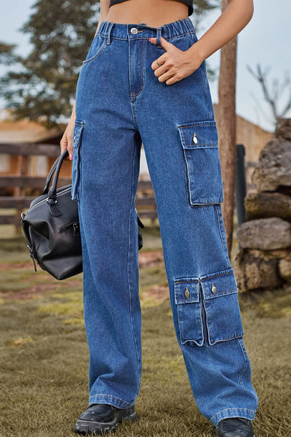 Street Pocket Mid Waist Loose Denim Jeans